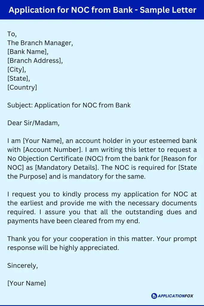 Application for NOC from Bank - Sample Letter