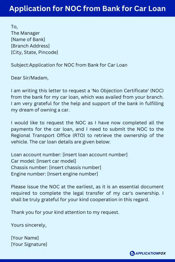 Application for NOC from Bank for Car Loan