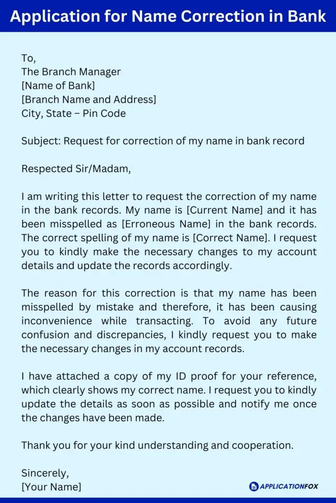 Application for Name Correction in Bank