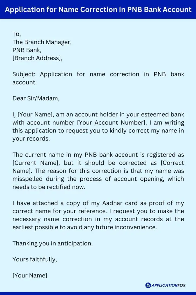 Application for Name Correction in PNB Bank Account