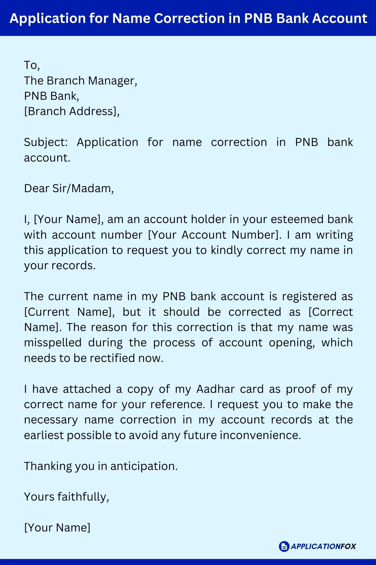 application letter for name correction in bank account
