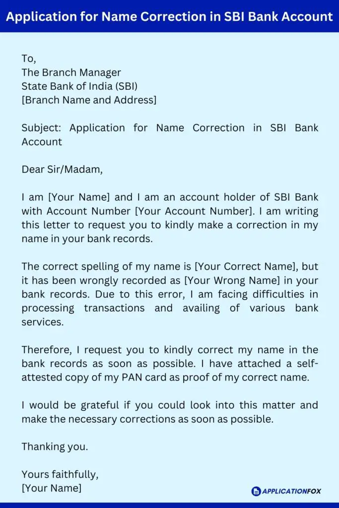 Application for Name Correction in SBI Bank Account
