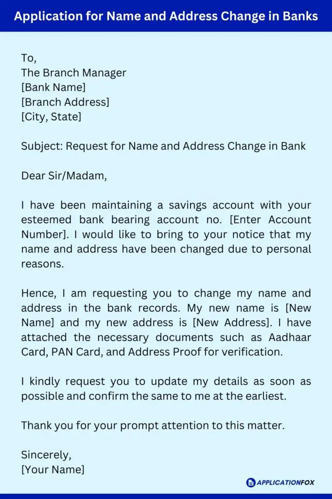Application for Name and Address Change in Banks