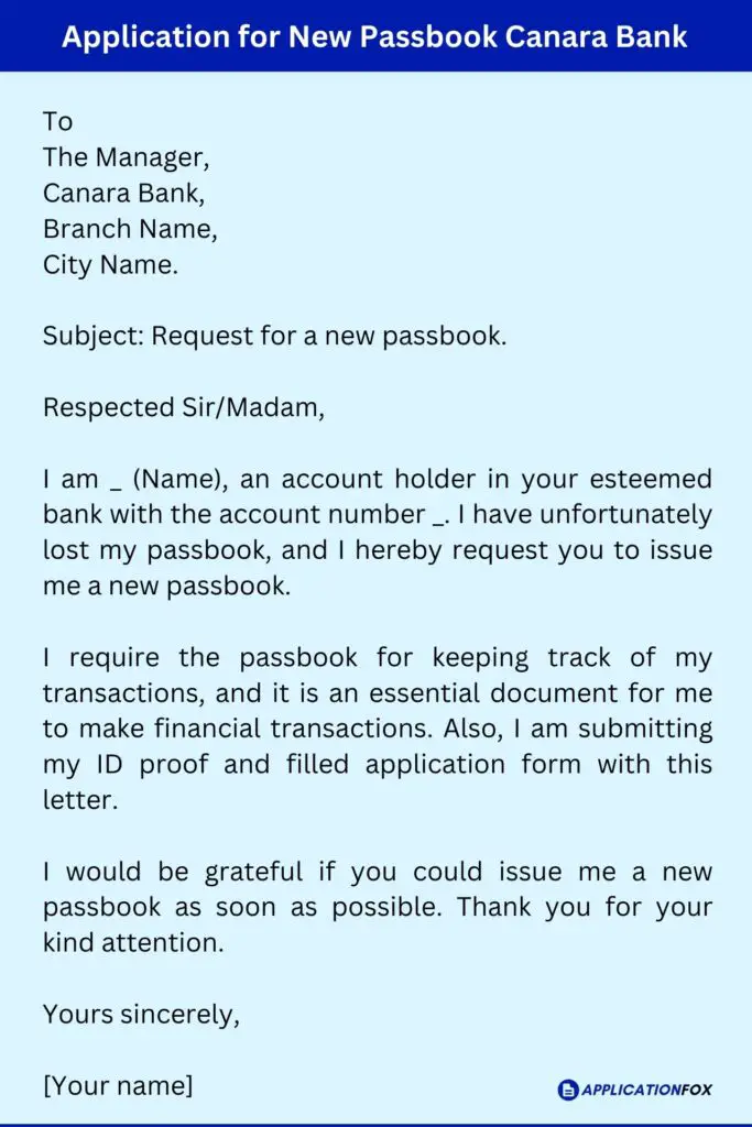 Application for New Passbook Canara Bank