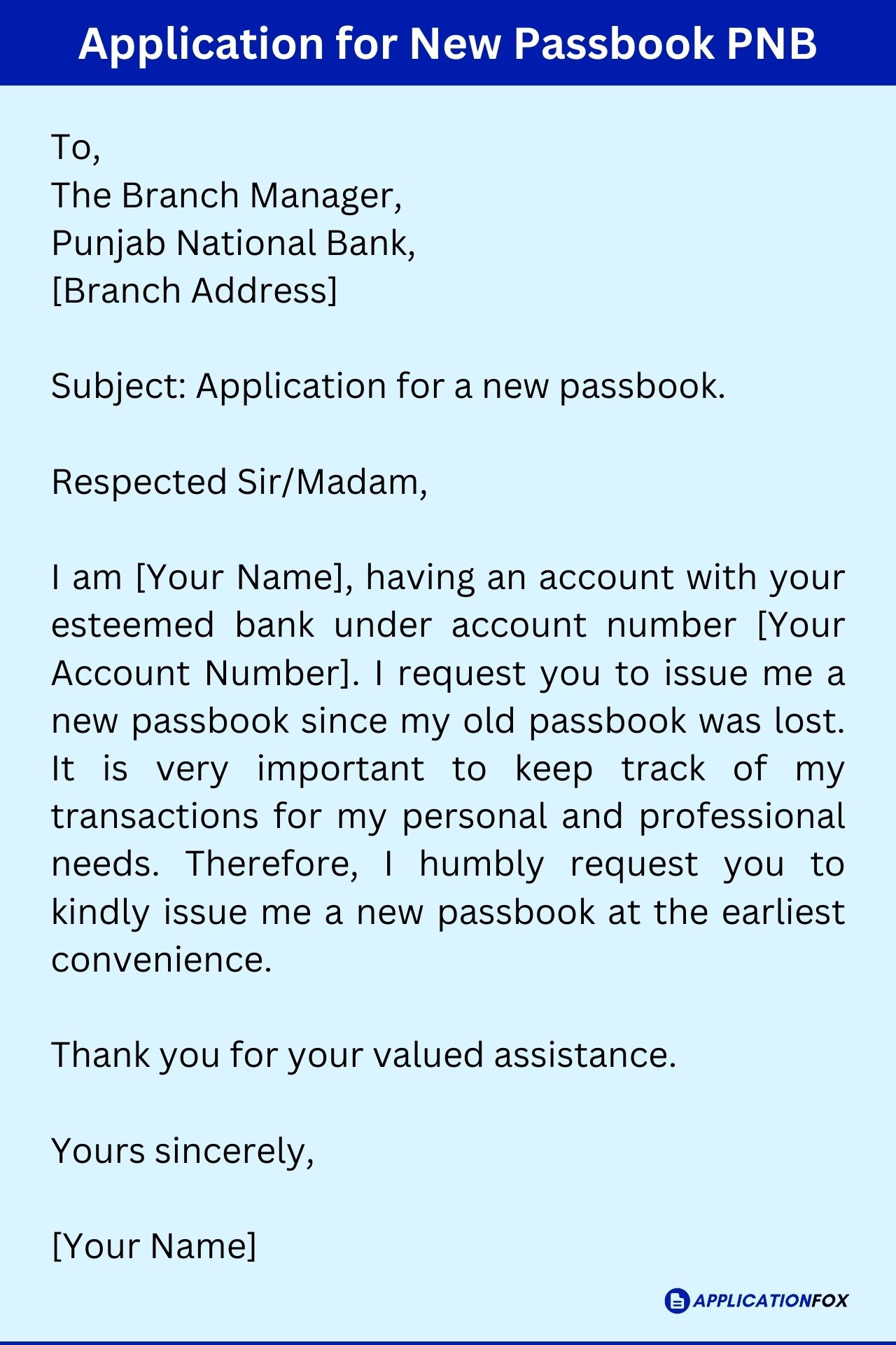 issue new passbook application letter in english