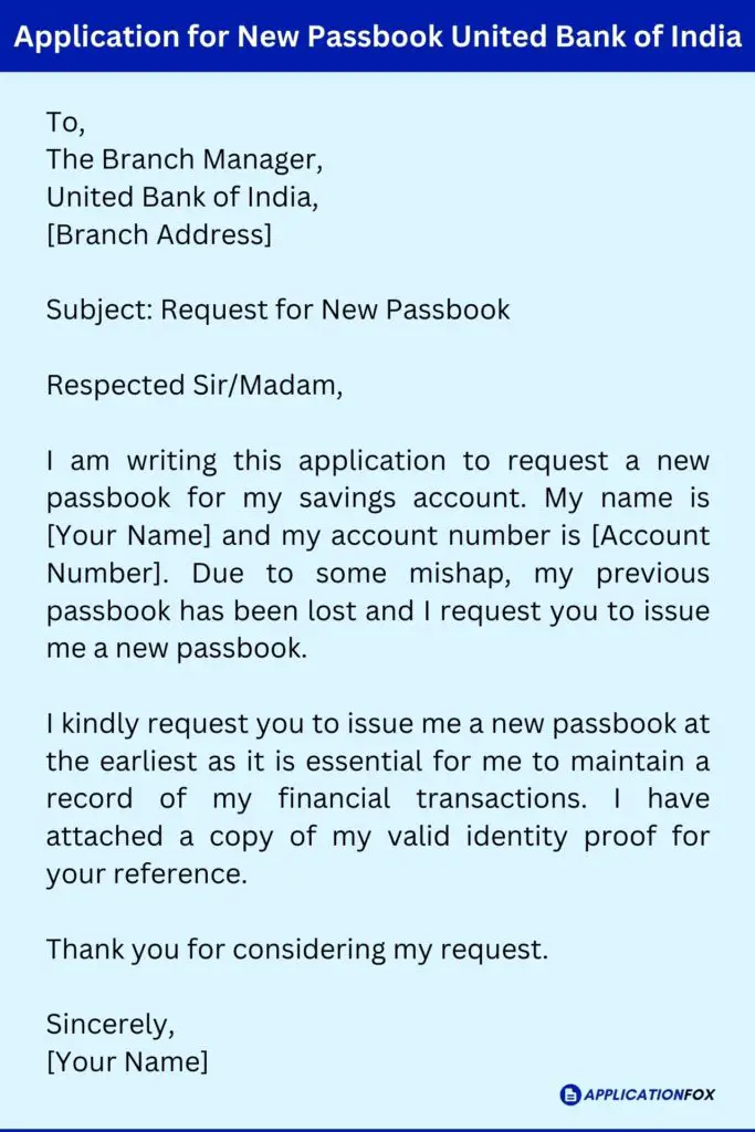 Application for New Passbook United Bank of India