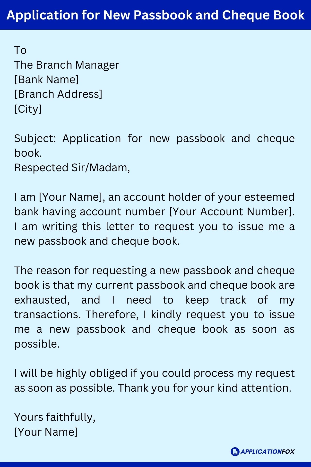 application letter for new passbook in bank