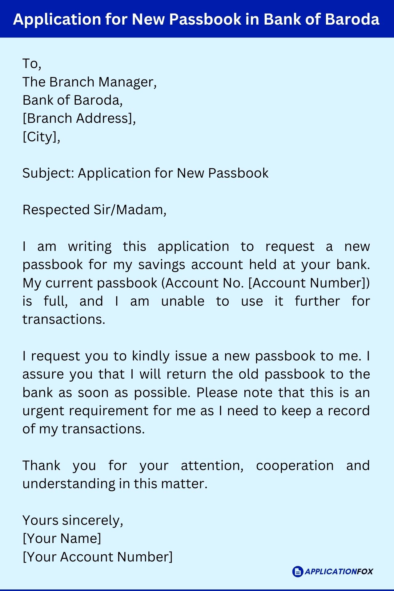 application letter to new passbook