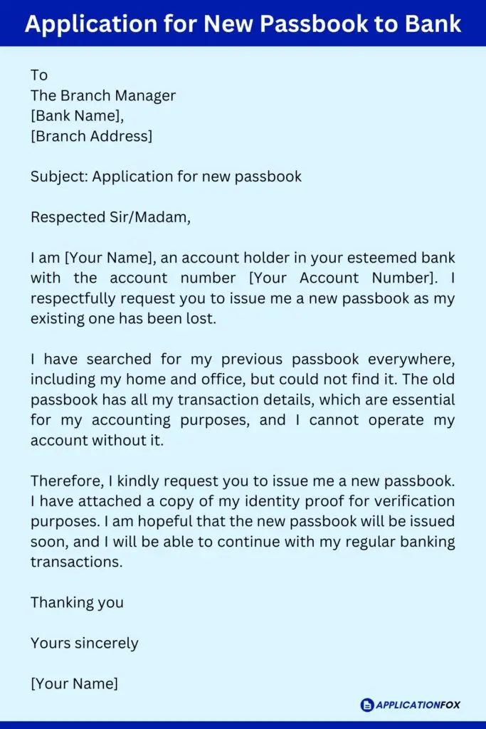 application for new passbook to bank