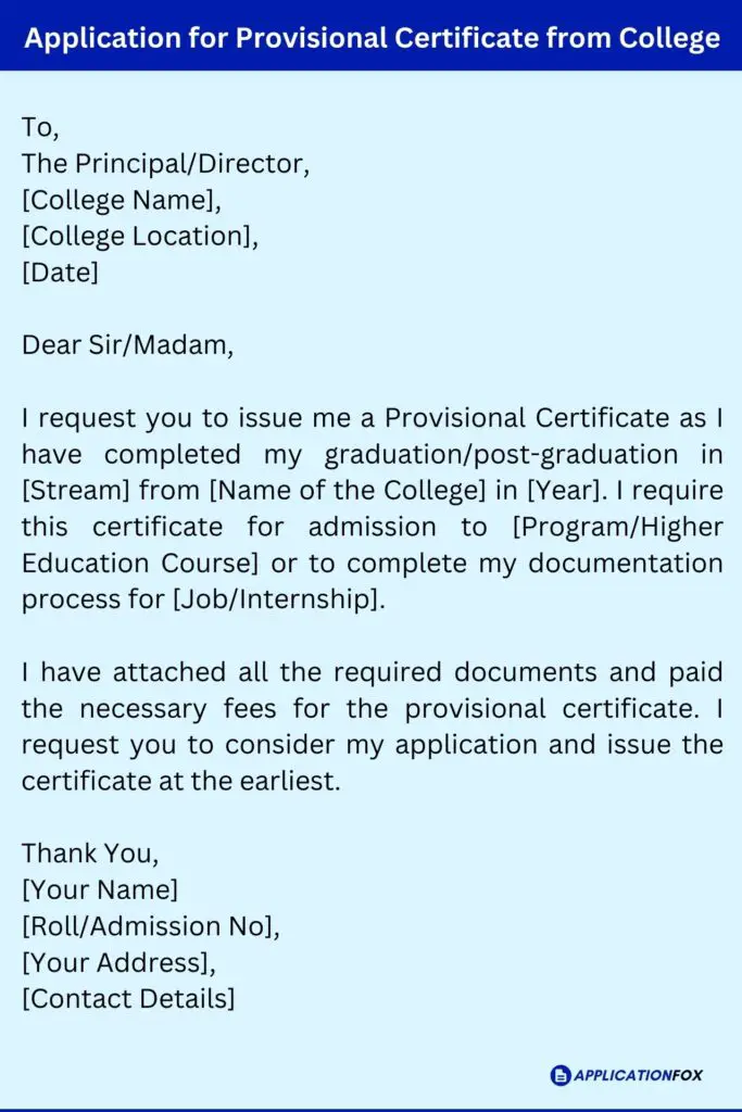 Application for Provisional Certificate from College