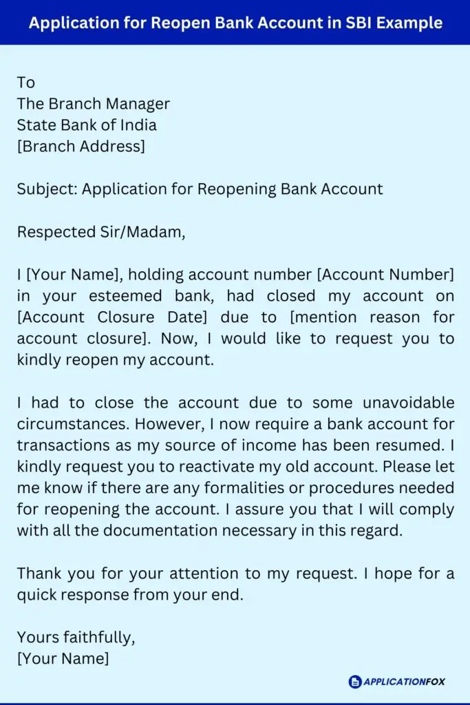 Application for Reopen Bank Account in SBI Example