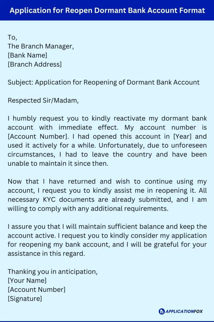 Application for Reopen Dormant Bank Account Format