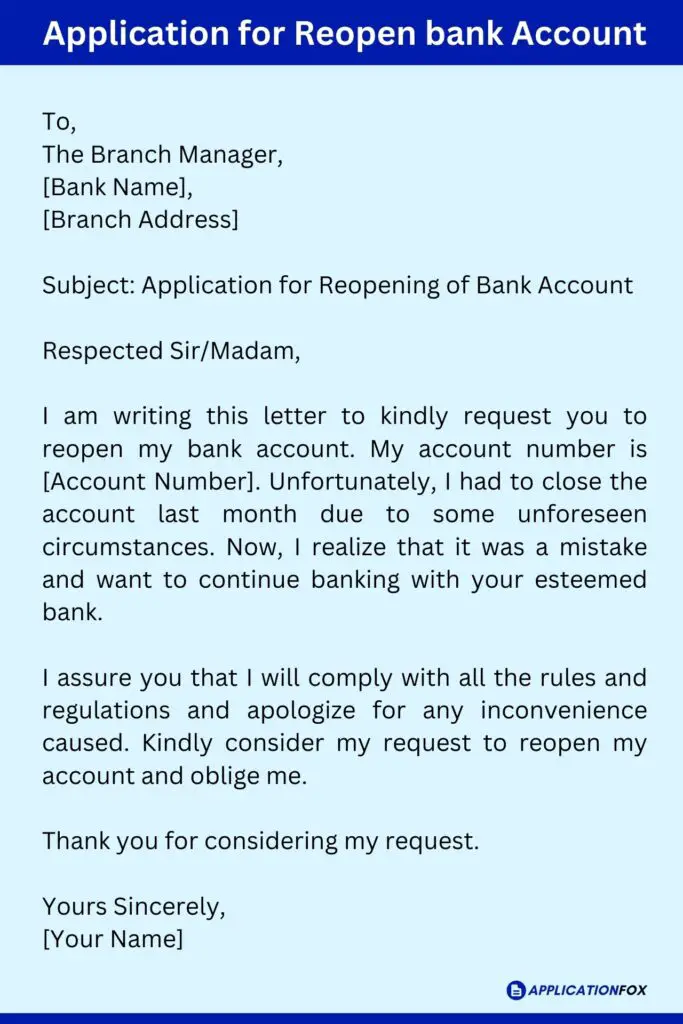 Application for Reopen bank Account