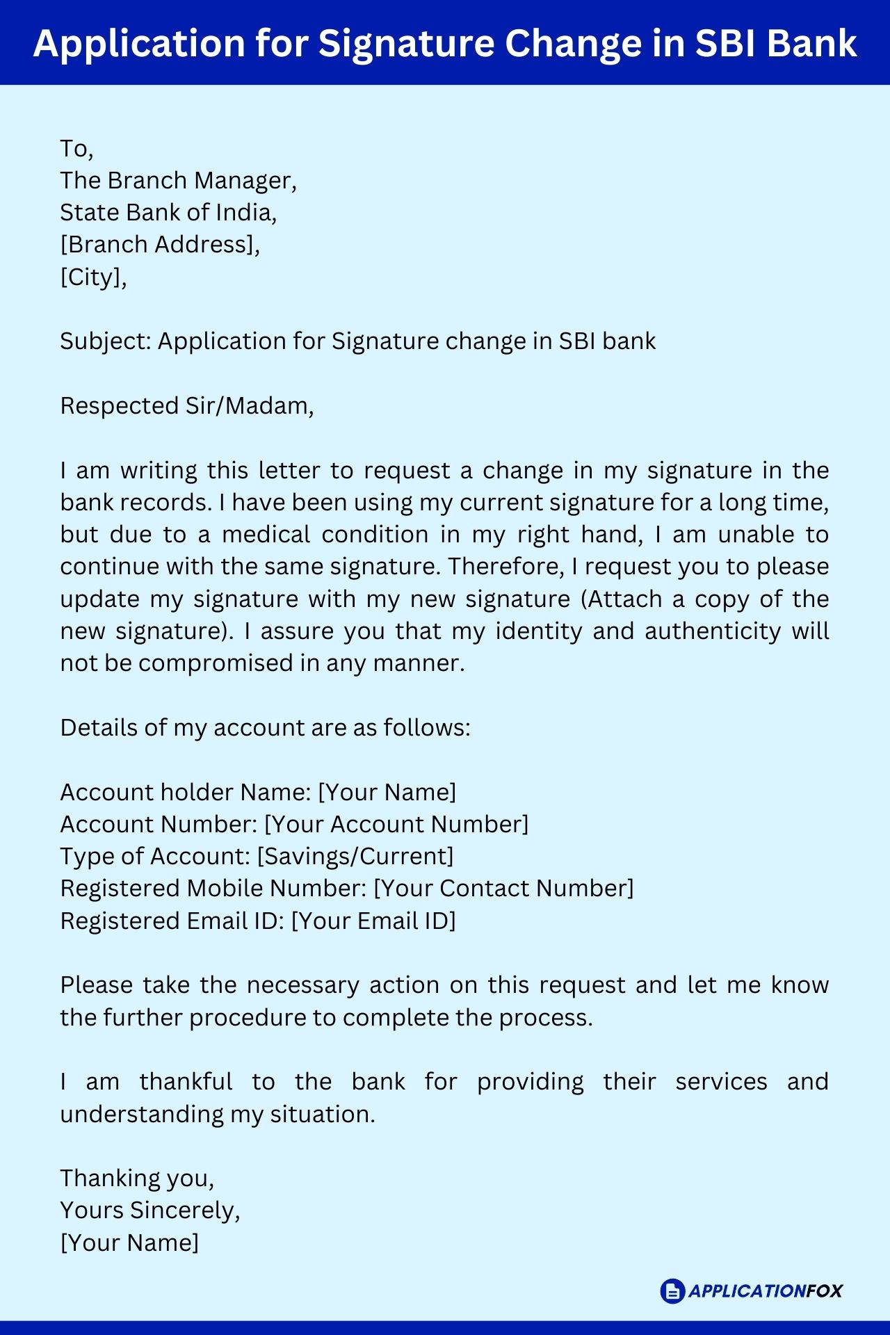 application letter for change of signature in bank account