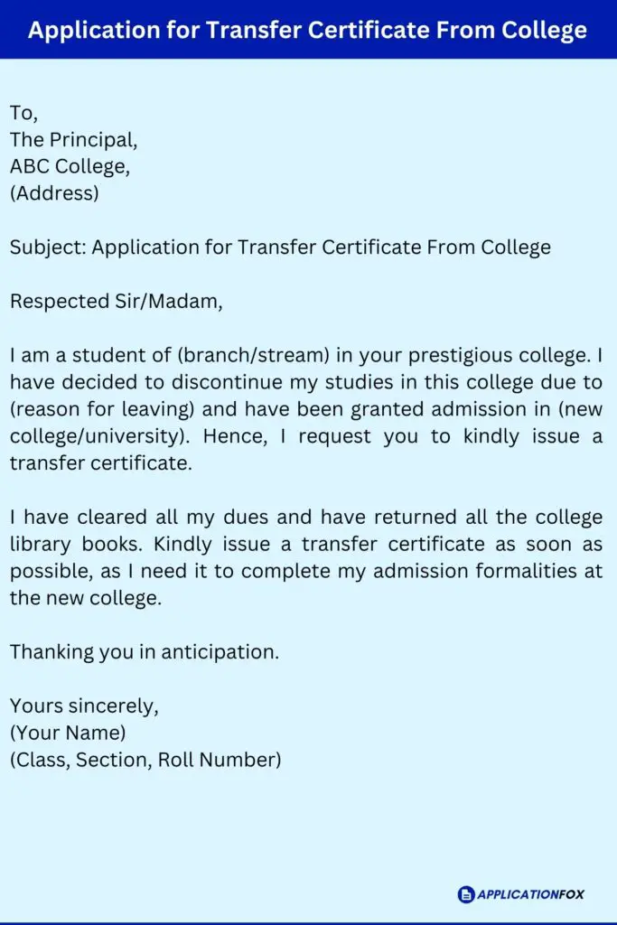 Application for Transfer Certificate From College