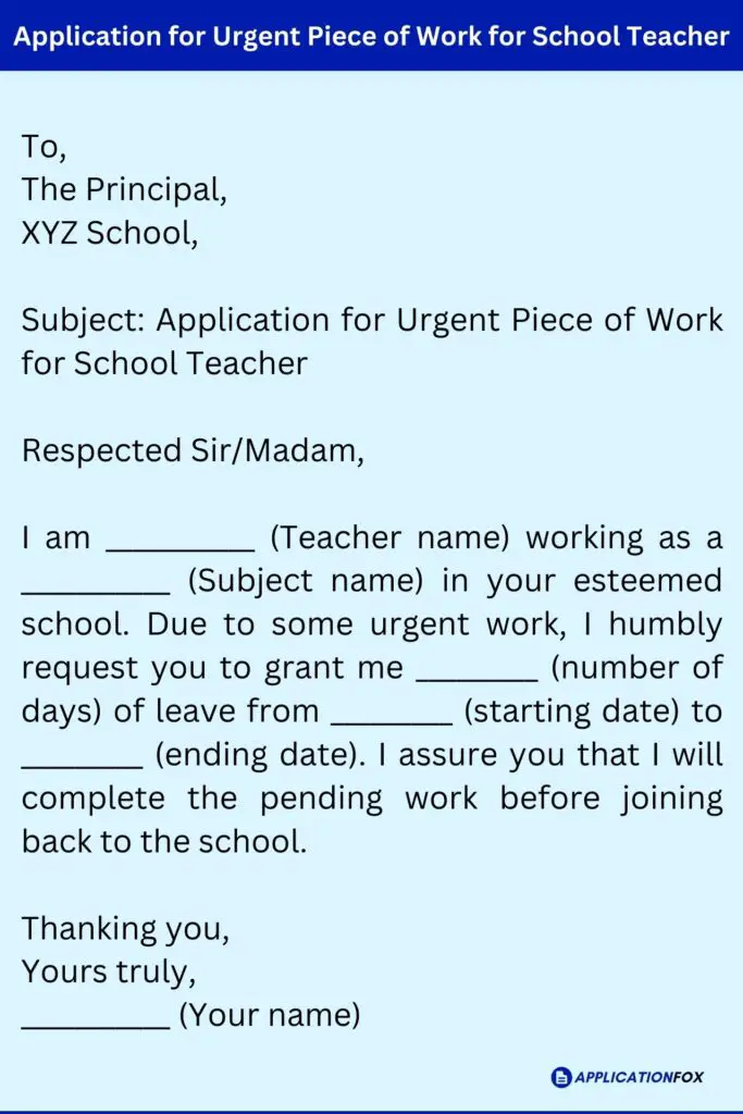 Application for Urgent Piece of Work for School Teacher