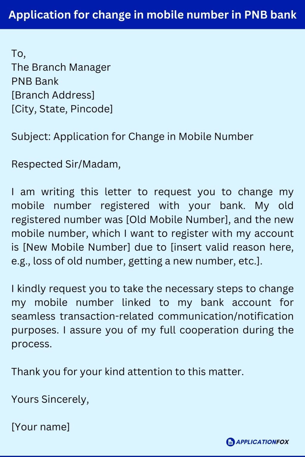 (11+) Application for Change Mobile Number in Bank Account