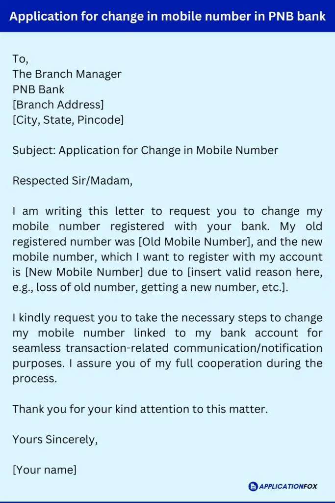 Application for change in mobile number in PNB bank