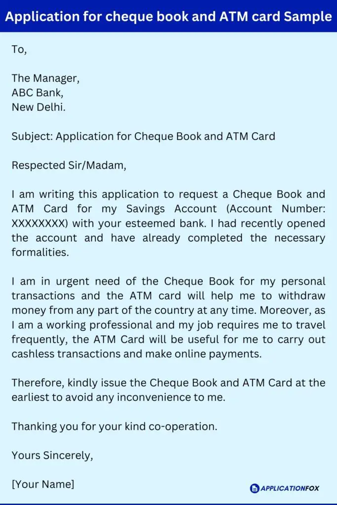 Application for cheque book and ATM card Sample