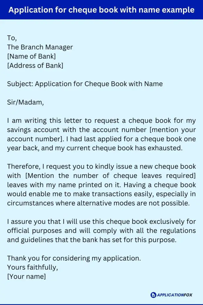 Application for cheque book with name example