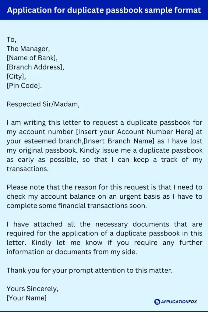 application letter for bank passbook missing