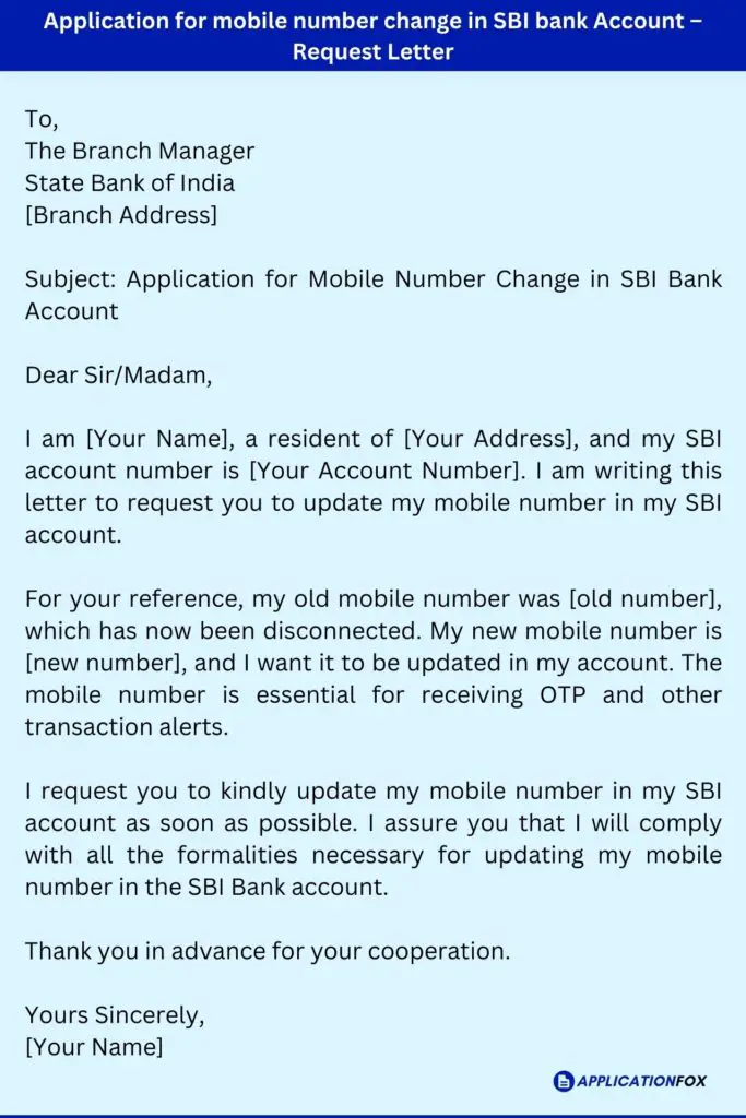 Application for mobile number change in SBI bank Account – Request Letter
