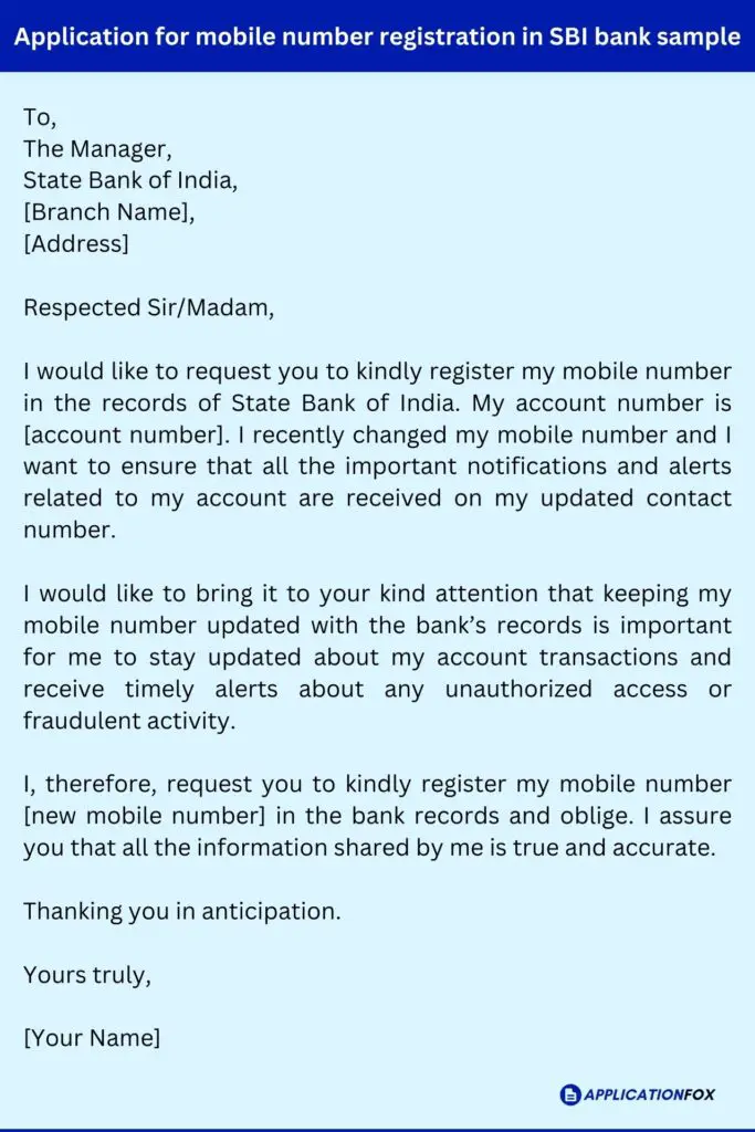 Application for mobile number registration in SBI bank sample