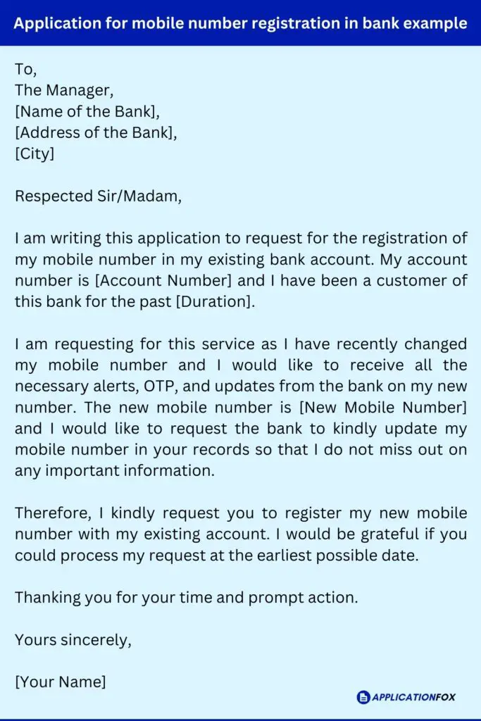 Application for mobile number registration in bank example