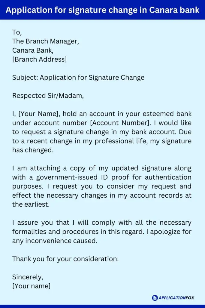 Application for signature change in Canara bank