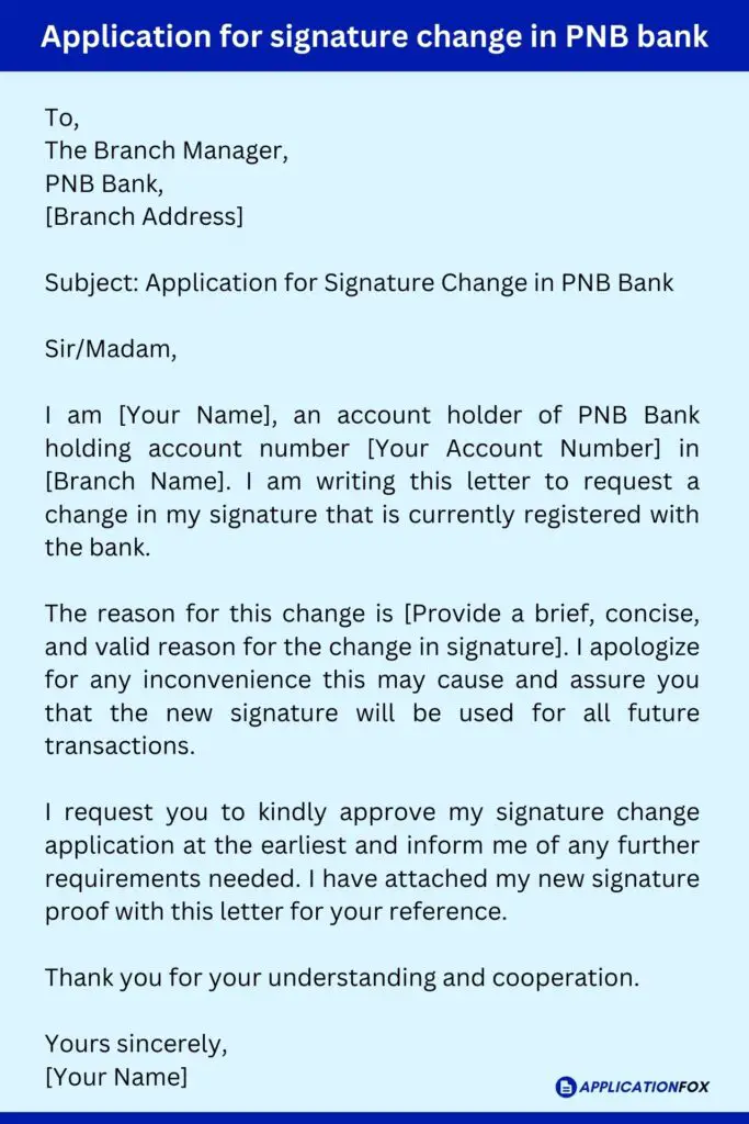 Application for signature change in PNB bank