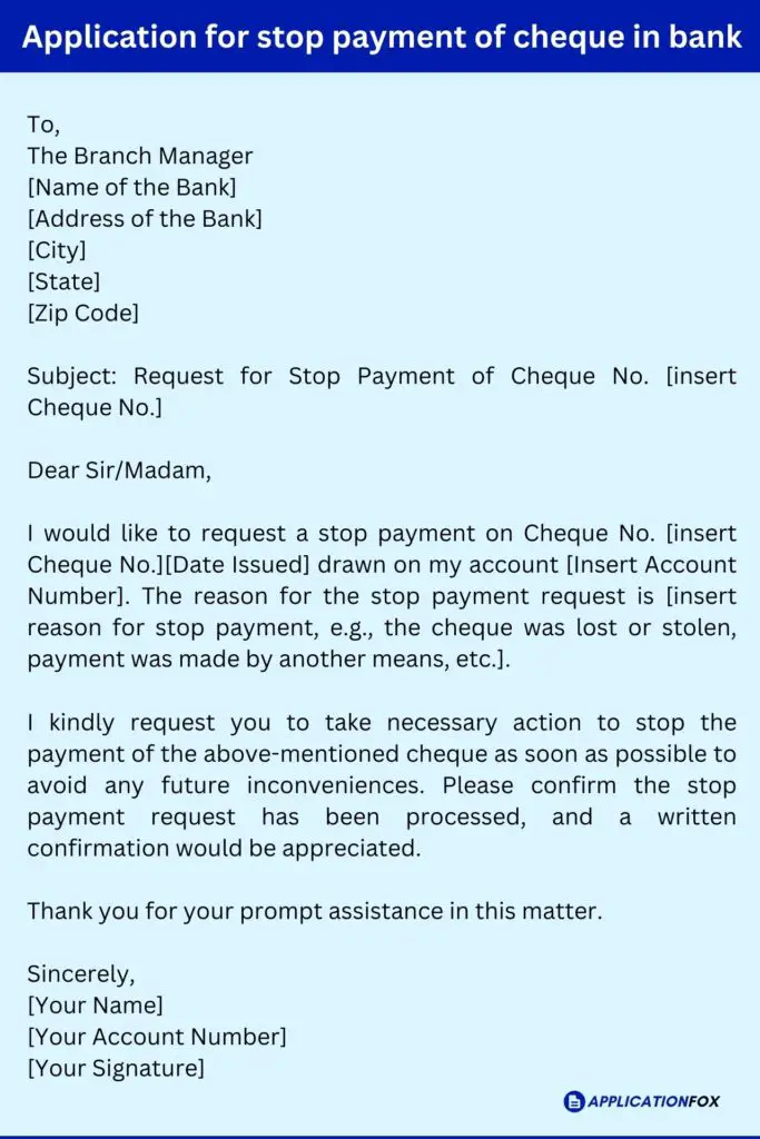Application for stop payment of cheque in Bank