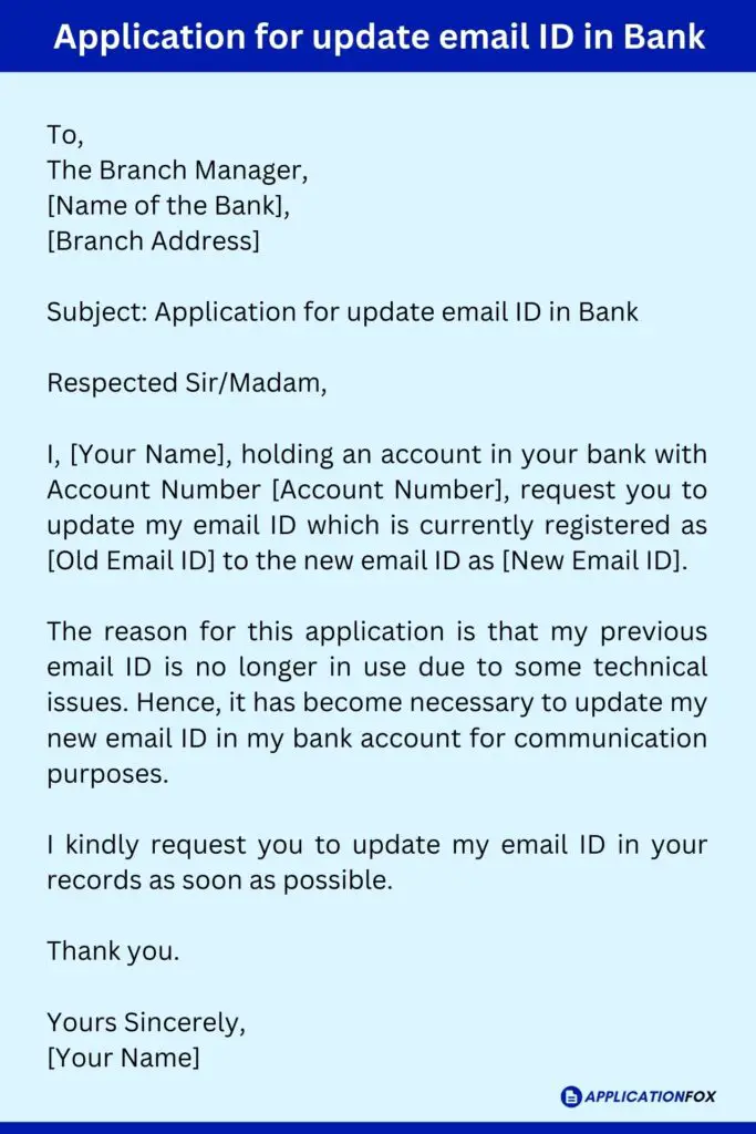 Application for update email ID in Bank