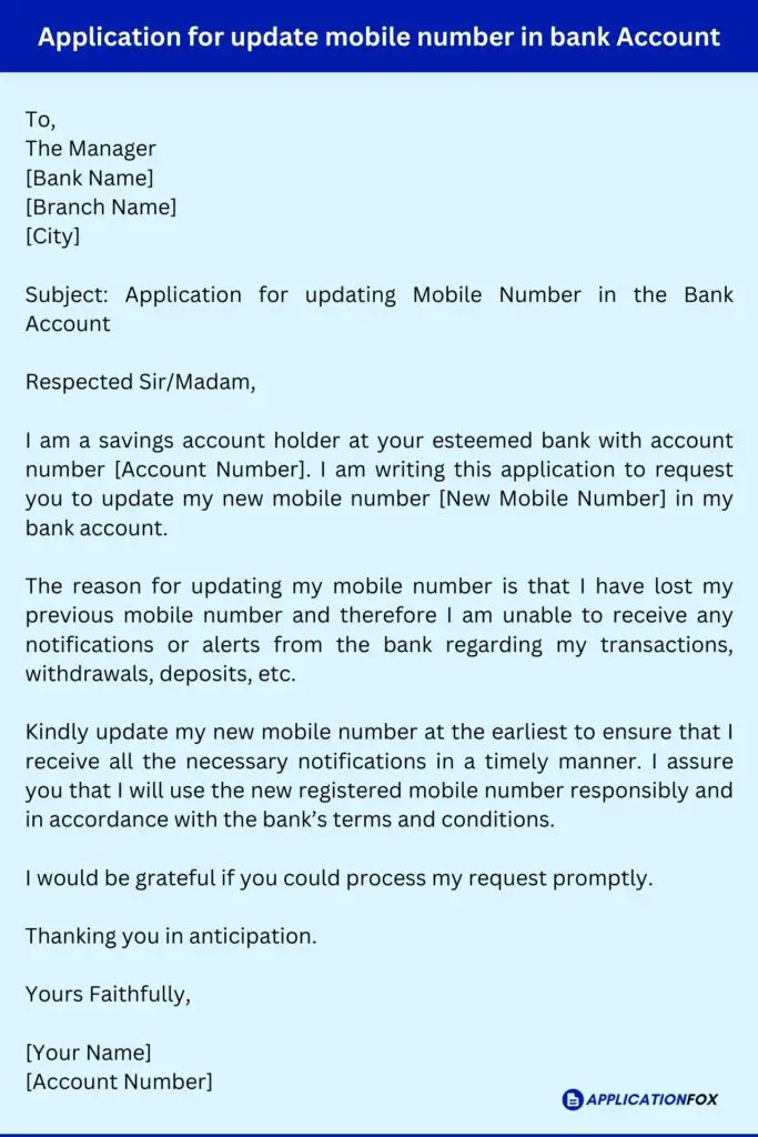Application for update mobile number in bank Account