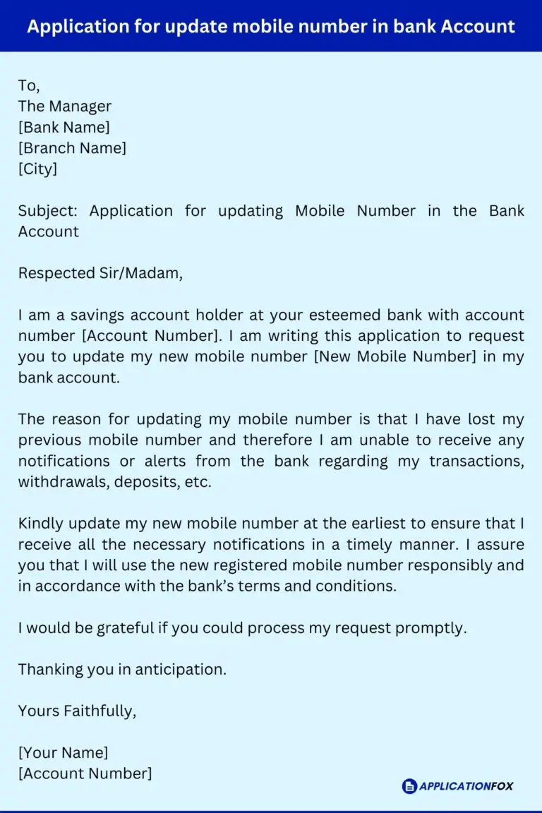 application letter to bank manager for change of mobile number