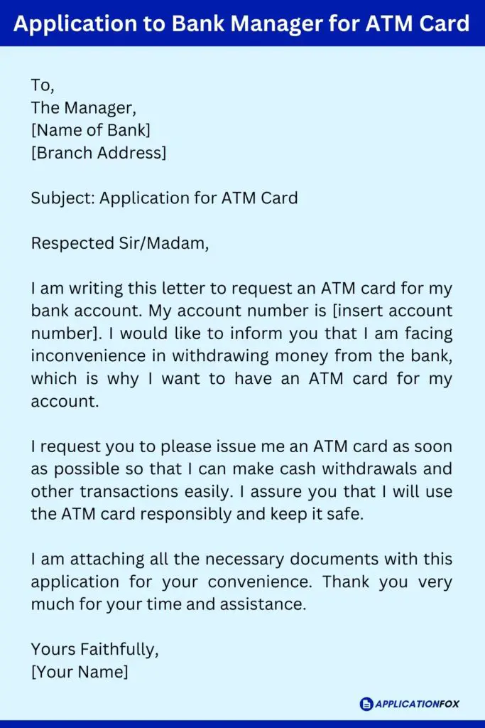Application to Bank Manager for ATM Card
