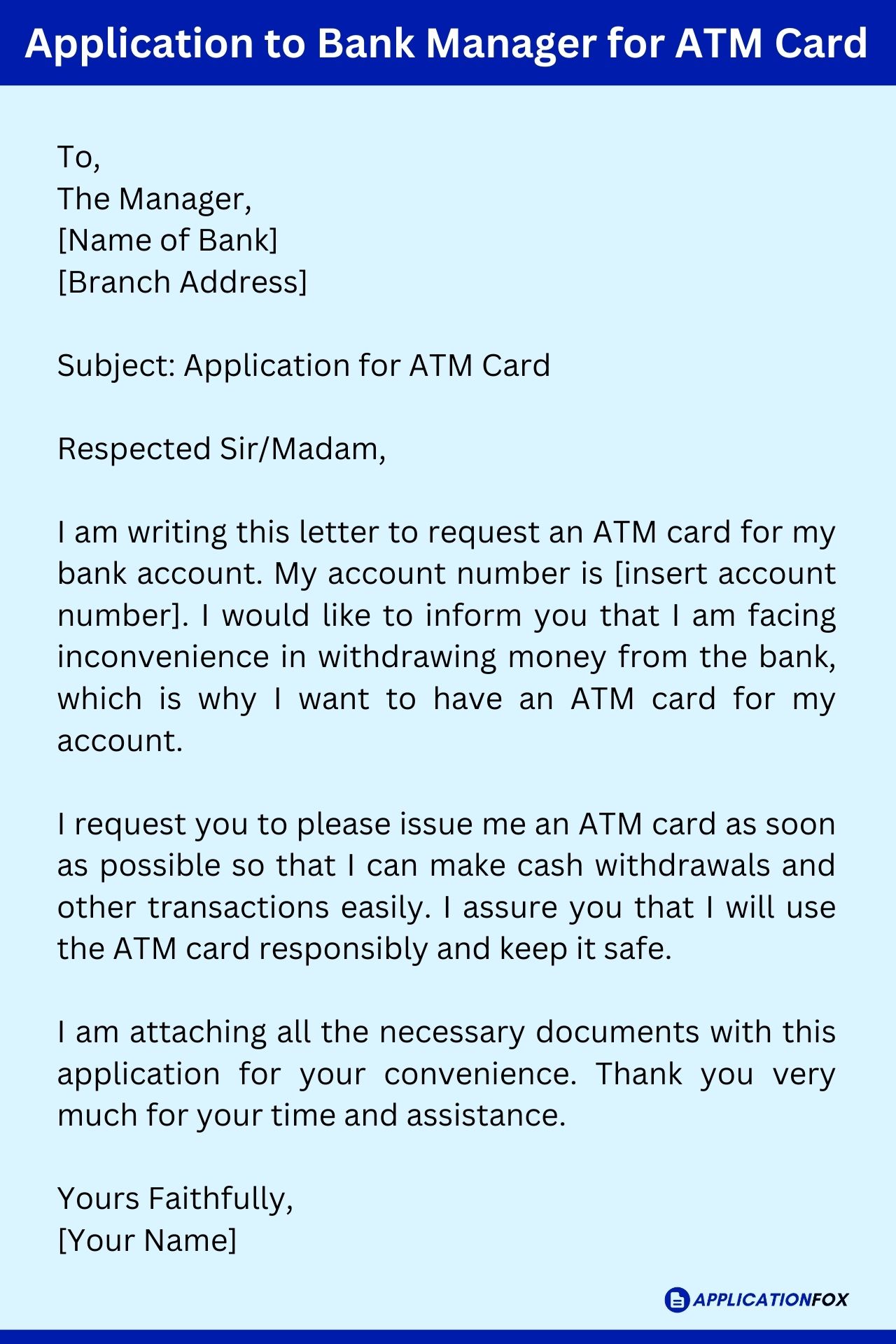 application letter to bank manager for issue atm card