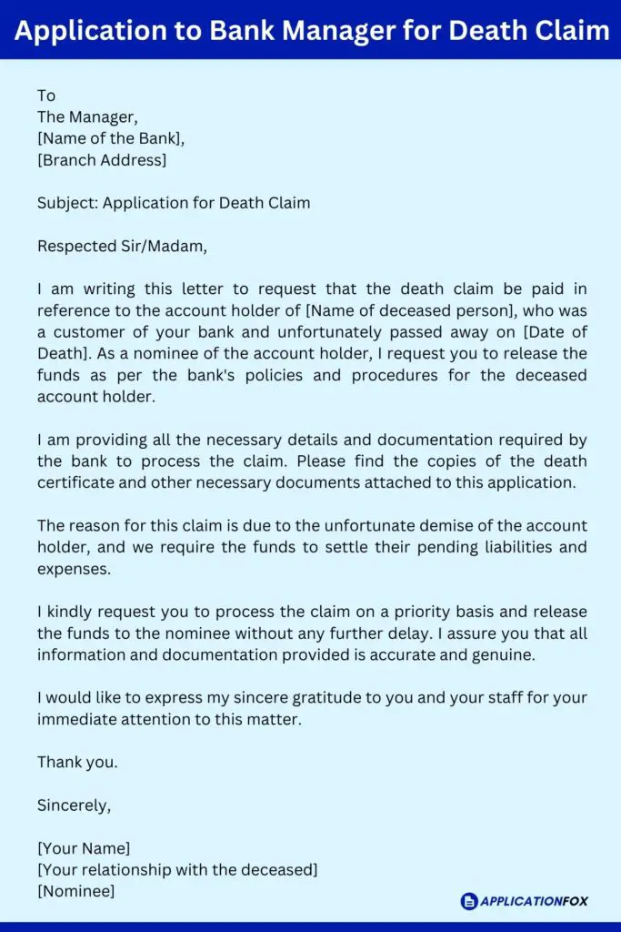 Application to Bank Manager for Death Claim
