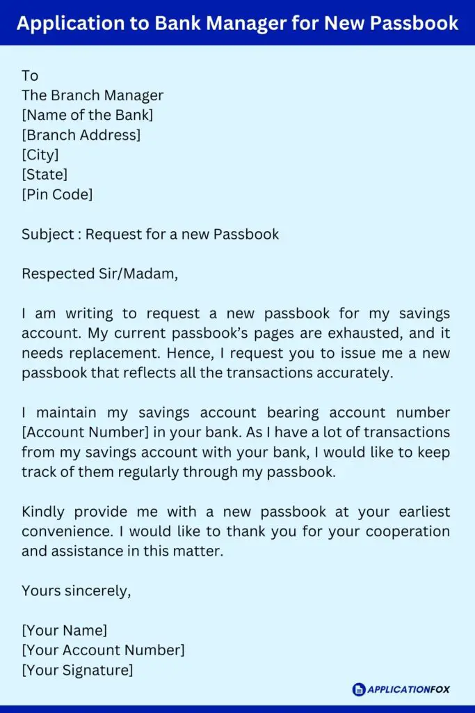 application to bank manager for new passbook