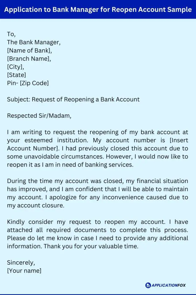 Application to Bank Manager for Reopen Account Sample