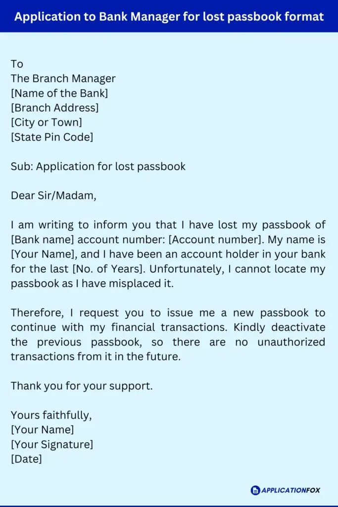 Application to Bank Manager for lost passbook format