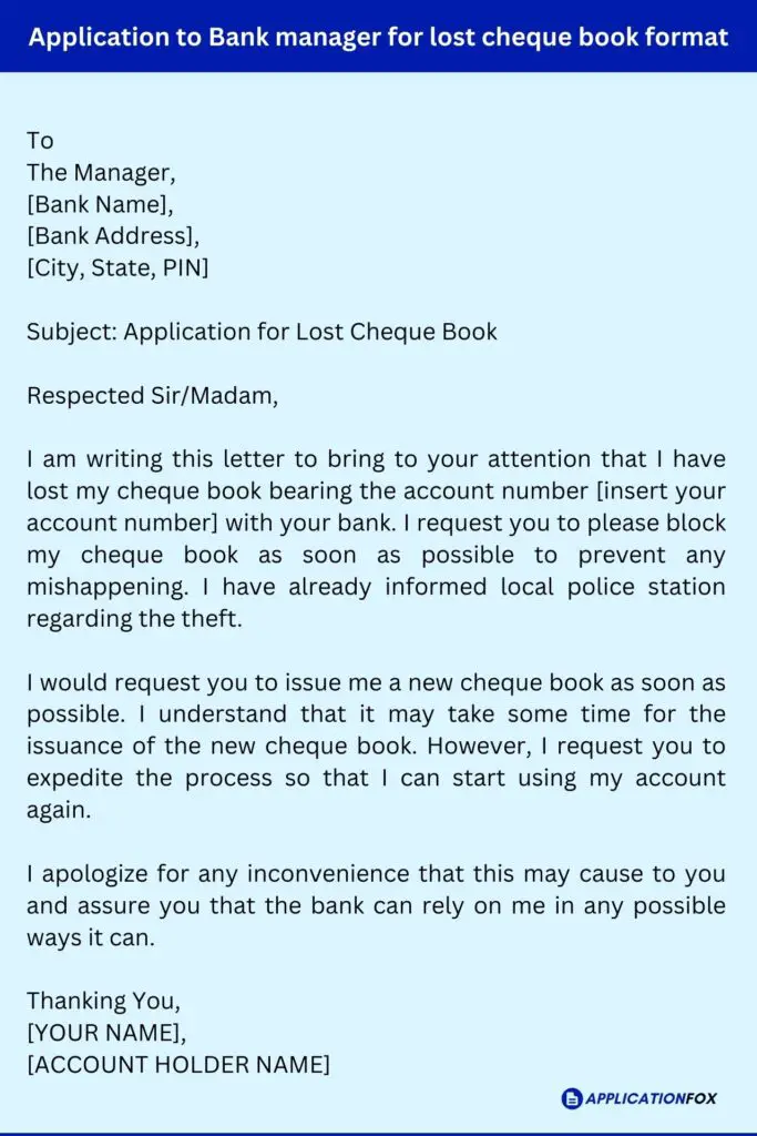 Application to Bank manager for lost cheque book format