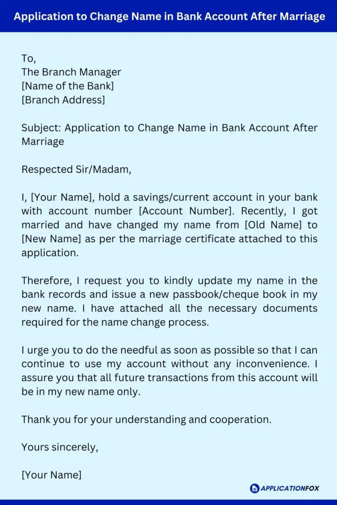Application to Change Name in Bank Account After Marriage