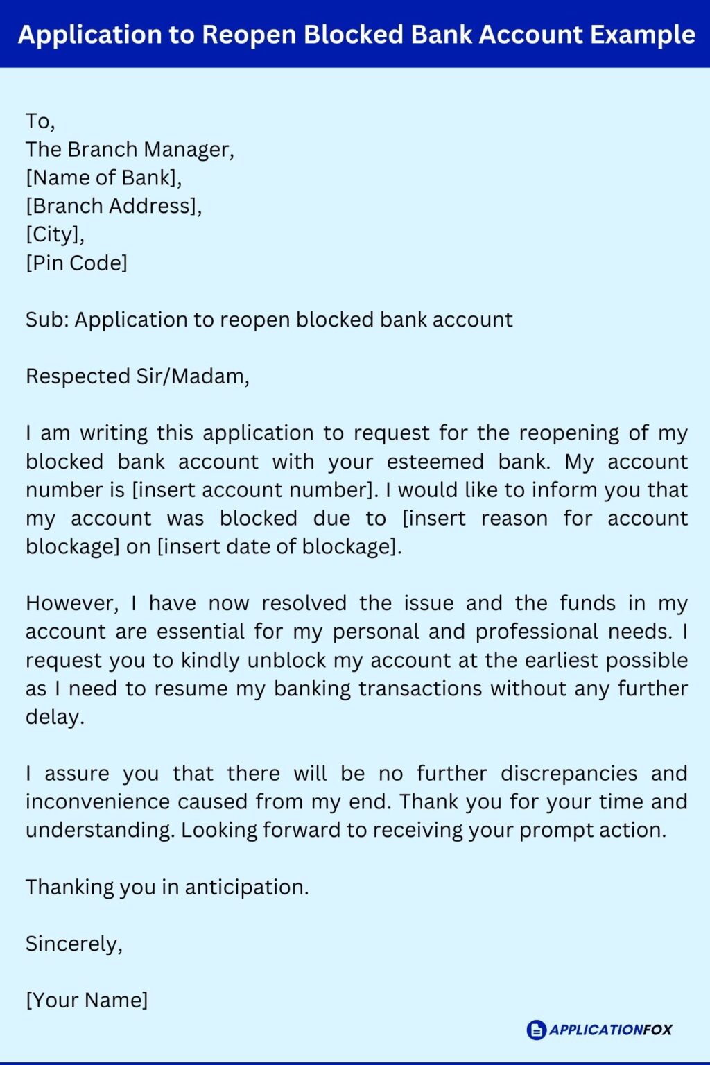 application letter for reopen bank account