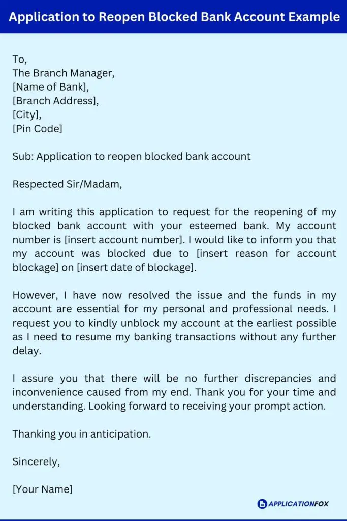 Application to Reopen Blocked Bank Account Example