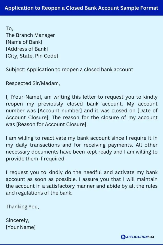 Application to Reopen a Closed Bank Account Sample Format