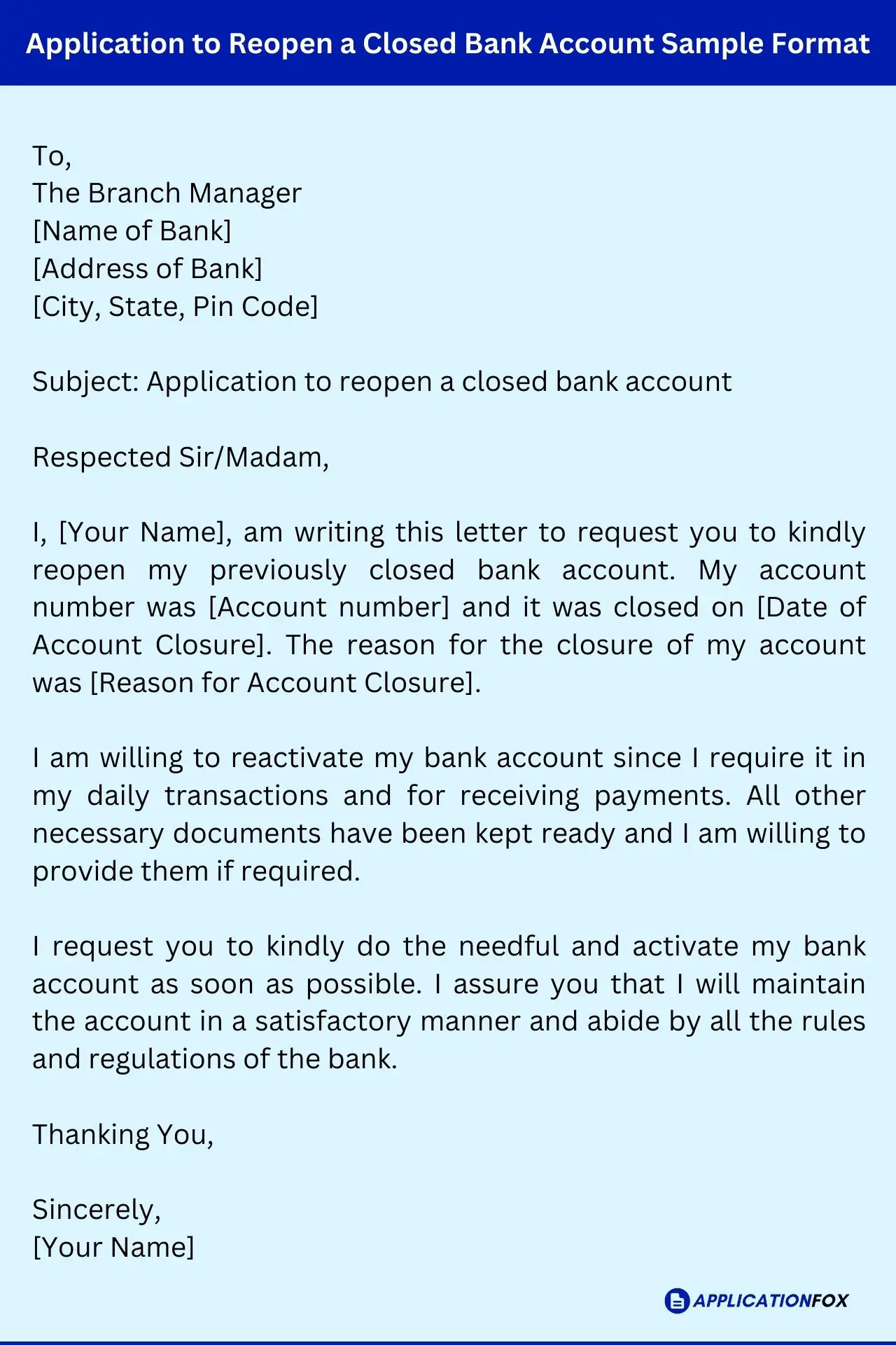application letter to bank manager for reopen account