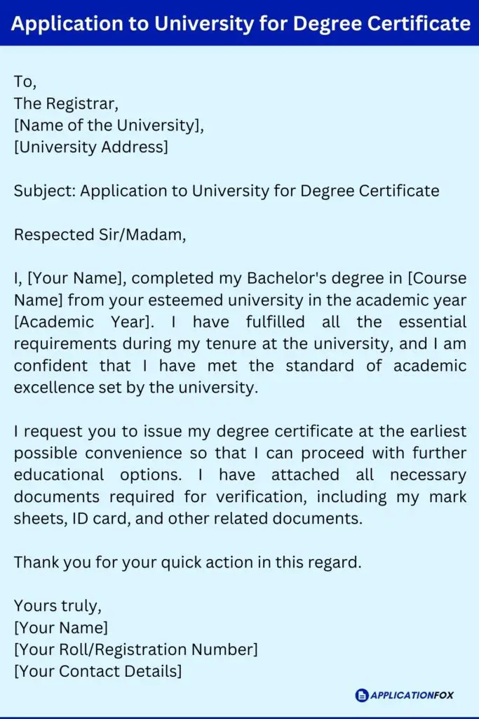 Application to University for Degree Certificate