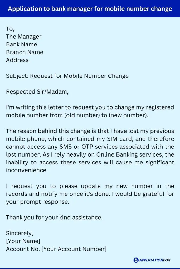 Application to bank manager for mobile number change