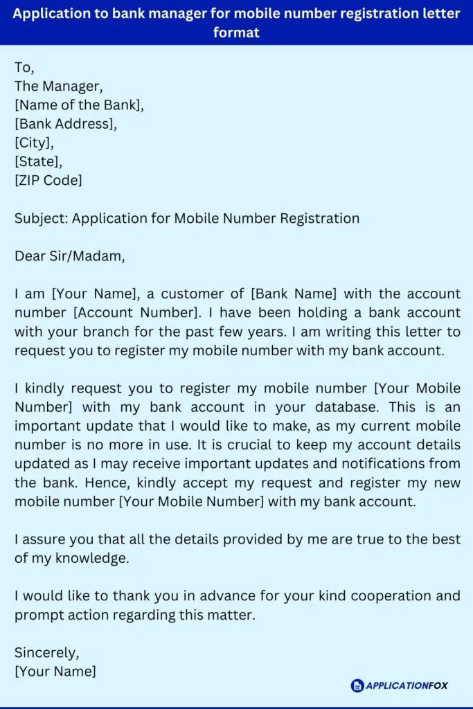 Application to bank manager for mobile number registration letter format