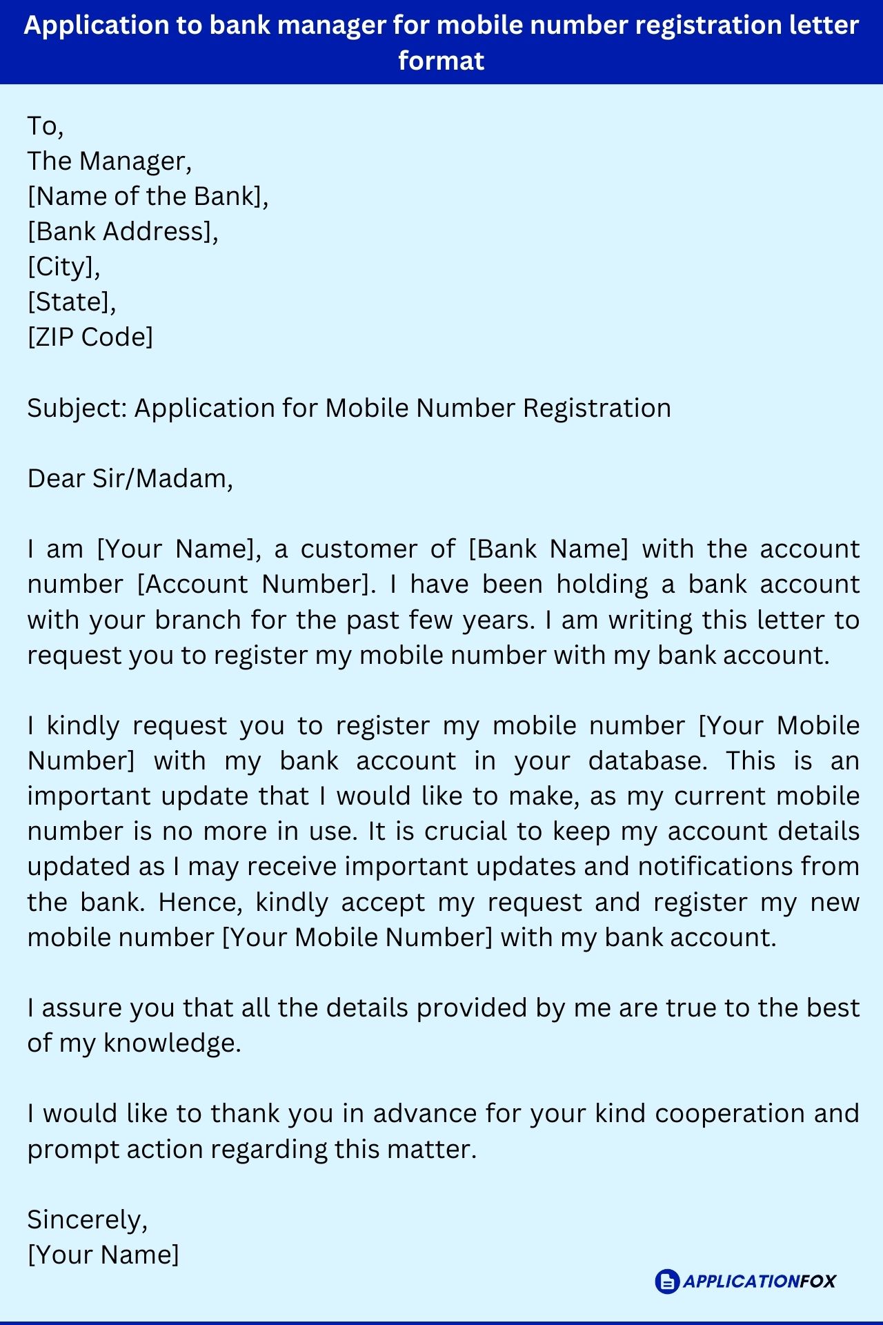 application letter for attach mobile number with bank account